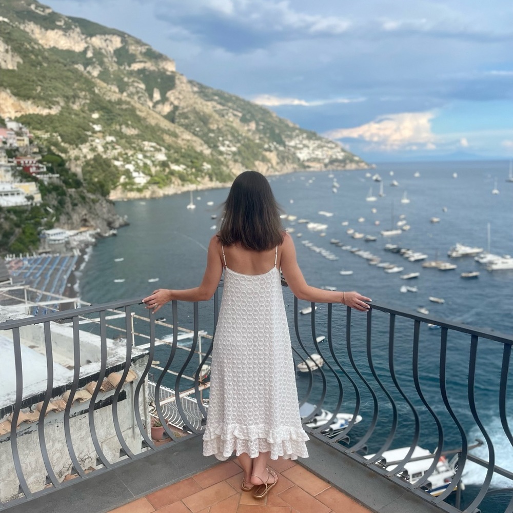 Anthropologie White lace ruffle hem midi dress